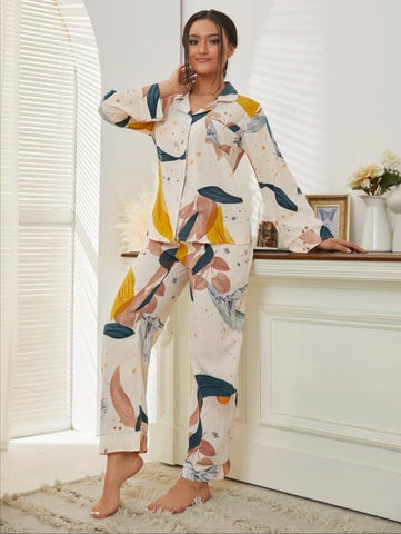 Beast4you Bird & Plant Print Pocket Front PJ Set