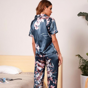 Beast4you Floral Print Satin Lapel Pyjama Set