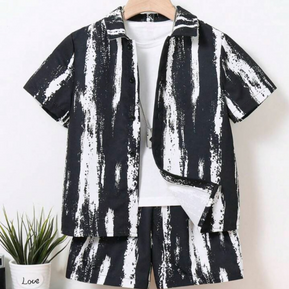 Beast4you Boy Casual Loose Short Sleeve Shirt With Ink Painting Print, Match With Shorts Set