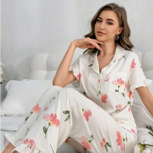 Beast4you Floral Printed Short Sleeve Shirt And Long Pants Sleepwear Set With Ruffle Details