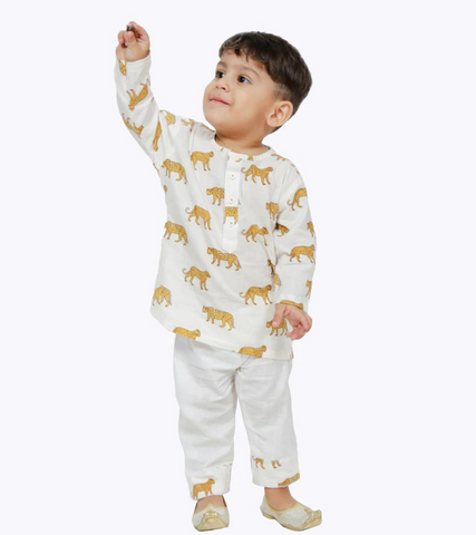 Beast4you Polka Tots Kurta Pajama for Kids 100% Super Soft Cotton Night Suits for Boys & Girls Leopard Print - White