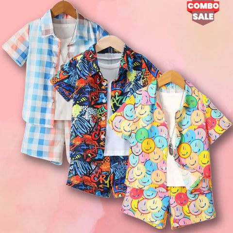 Beast4you Baby Set Letters & Expression and Plaid Turn Down Collar (Combo Pack Of 3) Casual Printed Shirt & Shorts Without tee Two Piece Set For Boy & Girls.