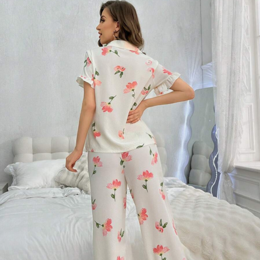 Beast4you Floral Printed Short Sleeve Shirt And Long Pants Sleepwear Set With Ruffle Details