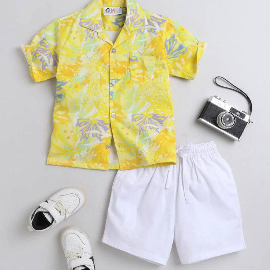 Beast4you Yellow Leaf Digital printed Shirt with White solid Shorts