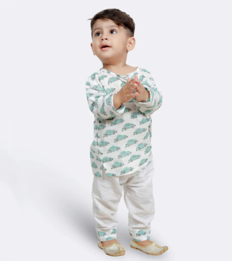 Beast4you Polka Tots Kurta Pajama for Kids 100% Super Soft Cotton Night Suits for Boys & Girls Green Car Print - White