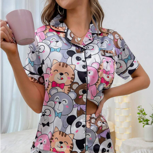 Beast4you Cartoon Graphic Contrast Piping PJ Set