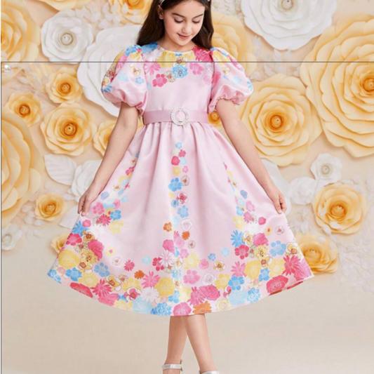 Beast4you Kids Nujoom Tween Girls' Lovely Flower Printed Round Neck Puff Sleeve Dress