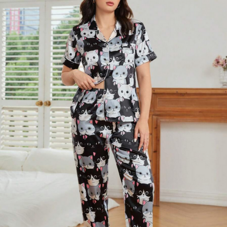 Beast4you Cartoon Graphic Contrast Piping PJ Set