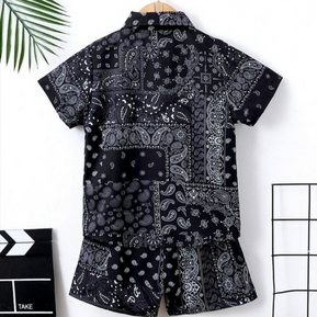 Beast4you Young Boy Black And White Paisley Pattern Casual Cool Turn-Down Collar Regular Sleeve Three-Piece Set For Summer