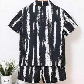 Beast4you Boy Casual Loose Short Sleeve Shirt With Ink Painting Print, Match With Shorts Set