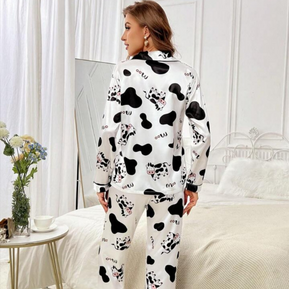 Beast4you Letter Cow Print Contrast Piping Satin PJ Set