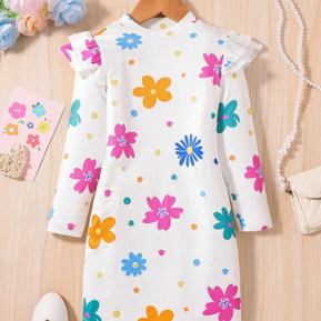 Young Girl Floral Print Ruffle Trim Dress