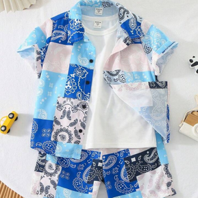 Beast4you Kids SUNSHNE 2pcs/Set Young Boy's Casual Sports College Street Style Cute Paisley Print Color-Block Loose Fit Turn-Down Collar Drop Shoulder Short Sleeve Shirt And Shorts With White Vest For Daily Wear, School, Sports Spring/Summer Season