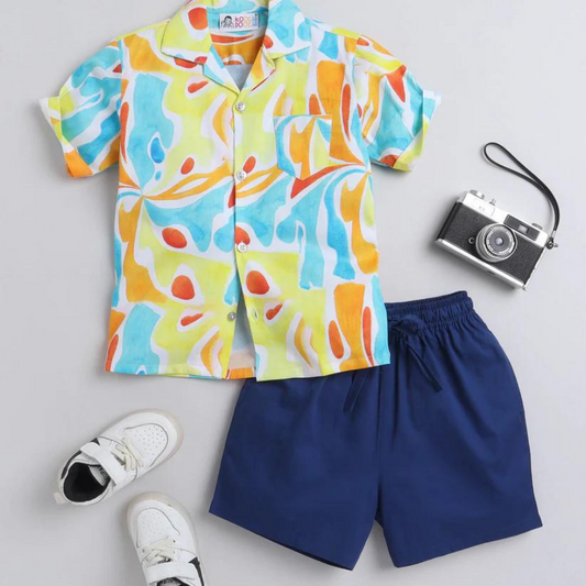 Beast4you Water colour Digital printed Shirt with Blue solid Shorts