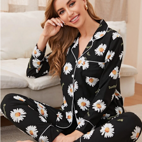 Beast4you Sunflower Print Button Front PJ Set