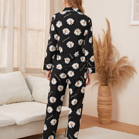 Beast4you Sunflower Print Button Front PJ Set