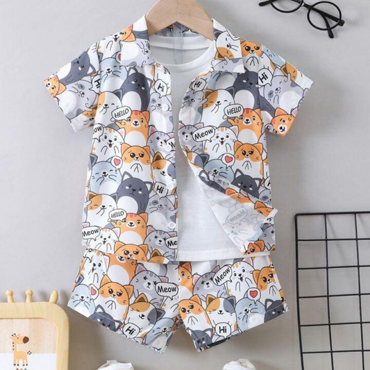 Beast4you Kids Casual Printed Shirt & Shorts Without tee Two Piece Set.