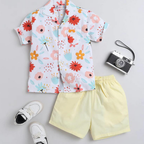 Beast4you Tulip Flower Digital printed Shirt with Yellow solid Shorts