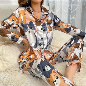 Beast4you Cartoon Graphic Contrast Piping Satin PJ Set