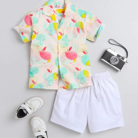 Beast4you Half Apple Digital printed Shirt with White solid Shorts