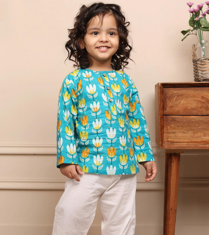 Beast4you Polka Tots Lotus Printed Full Sleeve Kurta Pyjama - Blue