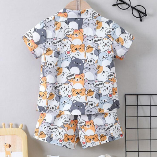 Beast4you Kids Casual Printed Shirt & Shorts Without tee Two Piece Set.