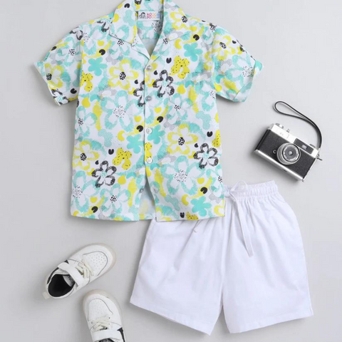 Beast4you Reverse Flower Digital printed Shirt with White solid Shorts