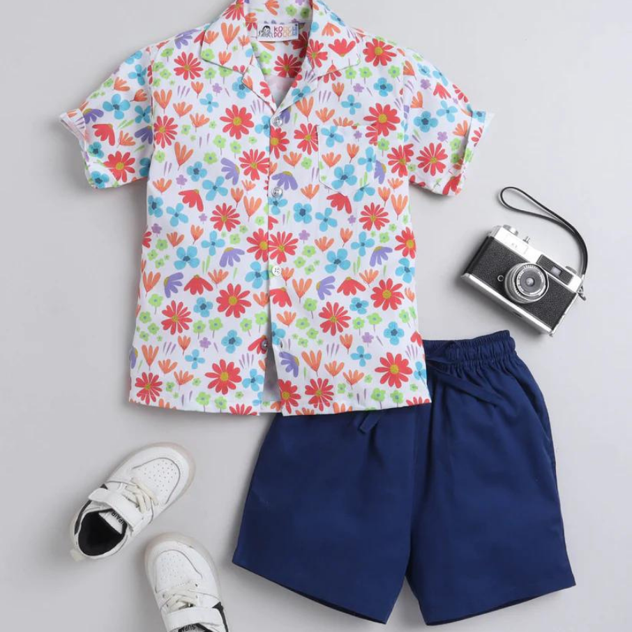 Beast4you Red Flower Digital printed Shirt with Blue solid Shorts