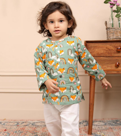 Beast4you Polka Tots Cotton Full Sleeves Wolf Rainbow Print Kurta Pyjama Set, Traditional Ethnic Wear - Green