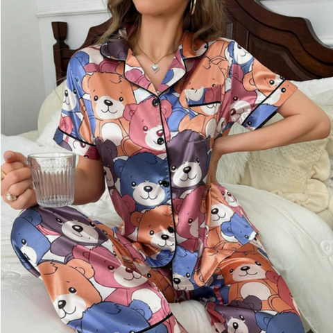 Beast4you Color-Blocking Trimmed Bear Print Imitated Silk Pajama Set With Lapel Collar And Button-Front Design