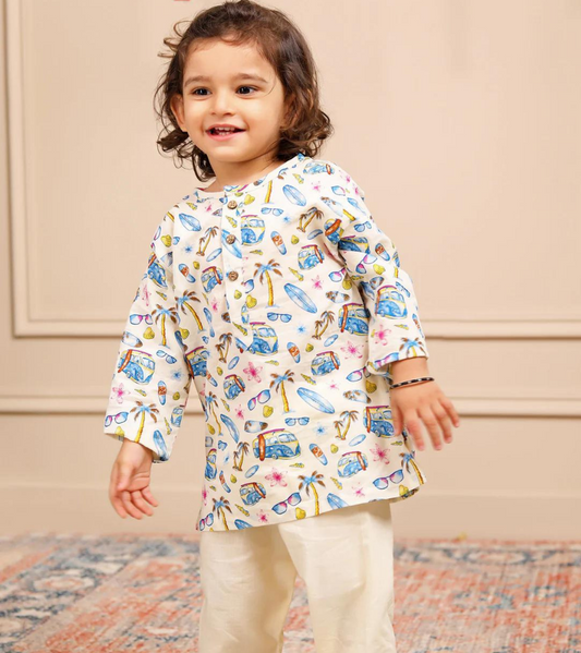 Beast4you Polka Tots Full Sleeve Print Kurta Car Print With Pyjama Set - Cream