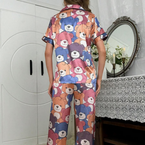 Beast4you Color-Blocking Trimmed Bear Print Imitated Silk Pajama Set With Lapel Collar And Button-Front Design