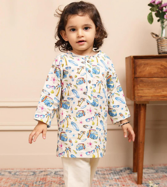 Beast4you Polka Tots Full Sleeve Print Kurta Car Print With Pyjama Set - Cream