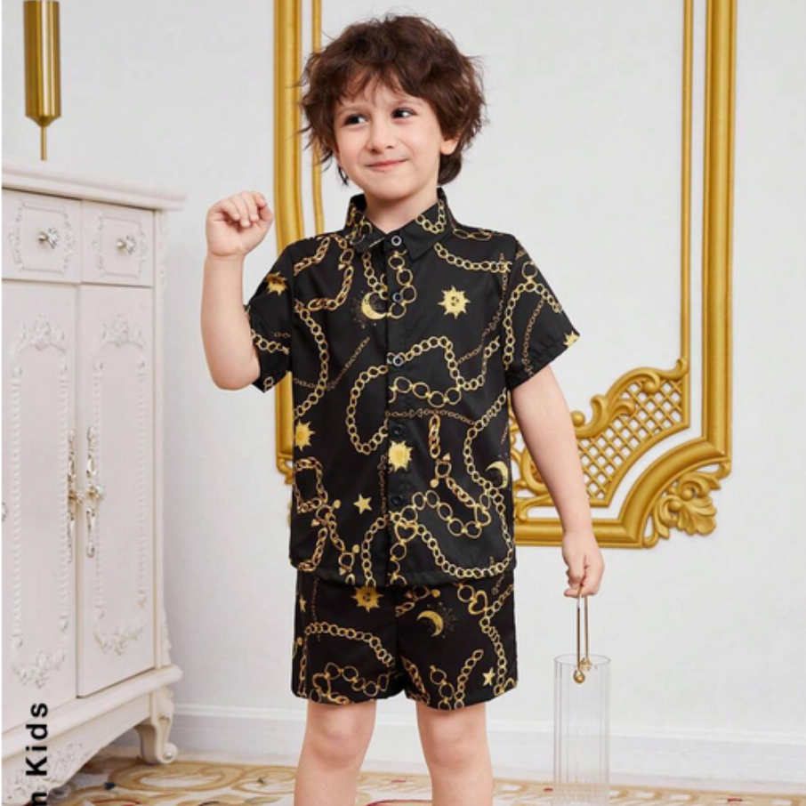 Beast4you Young Boy Chain Pattern Printed Short Sleeve Shirt And Shorts Two Piece Set