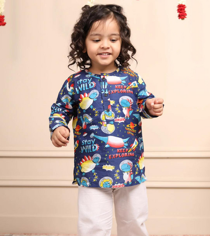 Beast4you Polka Tots Space print Full Sleeve Night wear Kurta Pyjama - Blue