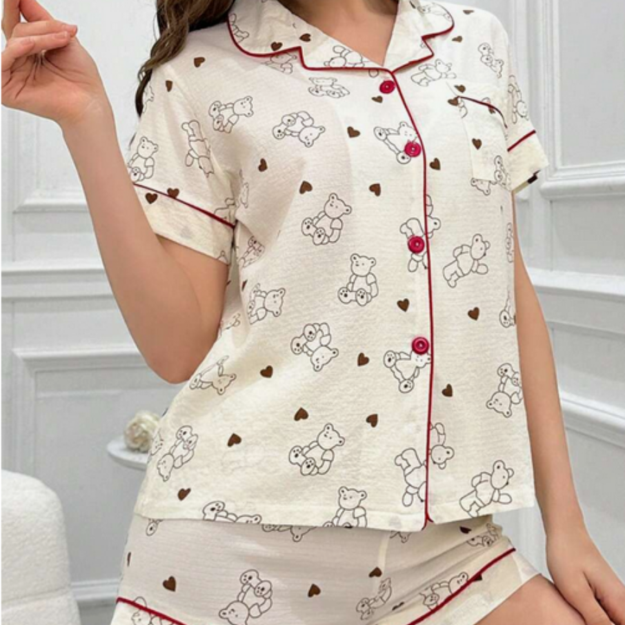 Beast4you Teddy Bear & Heart Print Short Sleeve Top And Shorts Sleepwear Set With Contrast Trimmed Collar