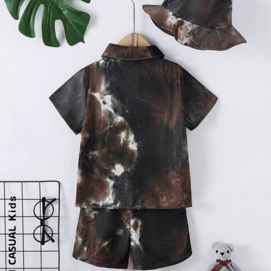 Beast4you  Toddler Boys' Outdoor Casual Tie-Dye Short Sleeve Shirt & Shorts Set With Accessories Hat For Summer