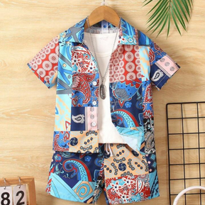 Beast4you Kids EVRYDAY Young Boy's Summer Digital Geometric & Pineapple Print Short Sleeve Button Down Collar Casual Shirt And Elastic Waist Sports Shorts 2pcs/Set