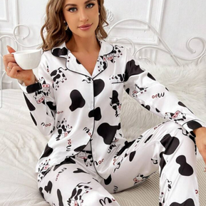 Beast4you Letter Cow Print Contrast Piping Satin PJ Set