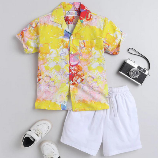 Beast4you Stencil floral Digital printed Shirt with White solid Shorts