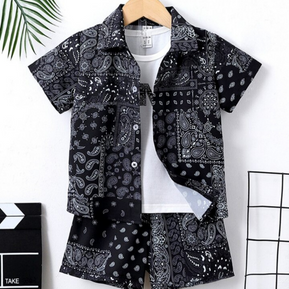 Beast4you Young Boy Black And White Paisley Pattern Casual Cool Turn-Down Collar Regular Sleeve Three-Piece Set For Summer