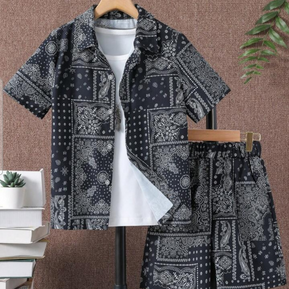 Beast4you Tween Boy Paisley Scarf Print Shirt & Shorts & Tee