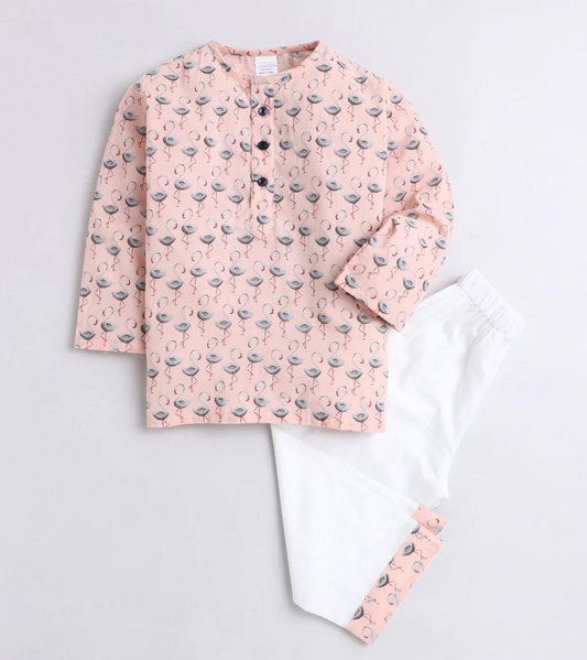 Beast4you Polka Tots Kurta Pyjama Set Swan Print - Peach