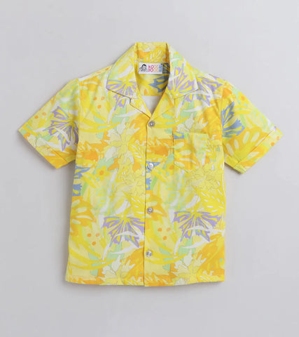 Beast4you Yellow Leaf Digital printed Shirt with White solid Shorts